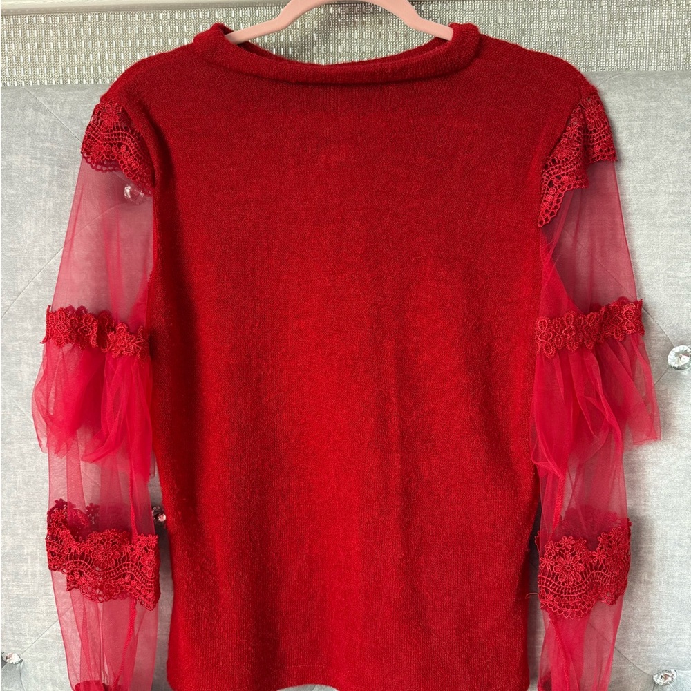 SHEIN Red Lace and Mesh Sleeve Blouse